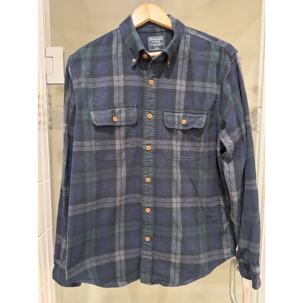 Abercrombie & Fitch green plaid button down flannel long sleeve shirt sz L Y2K